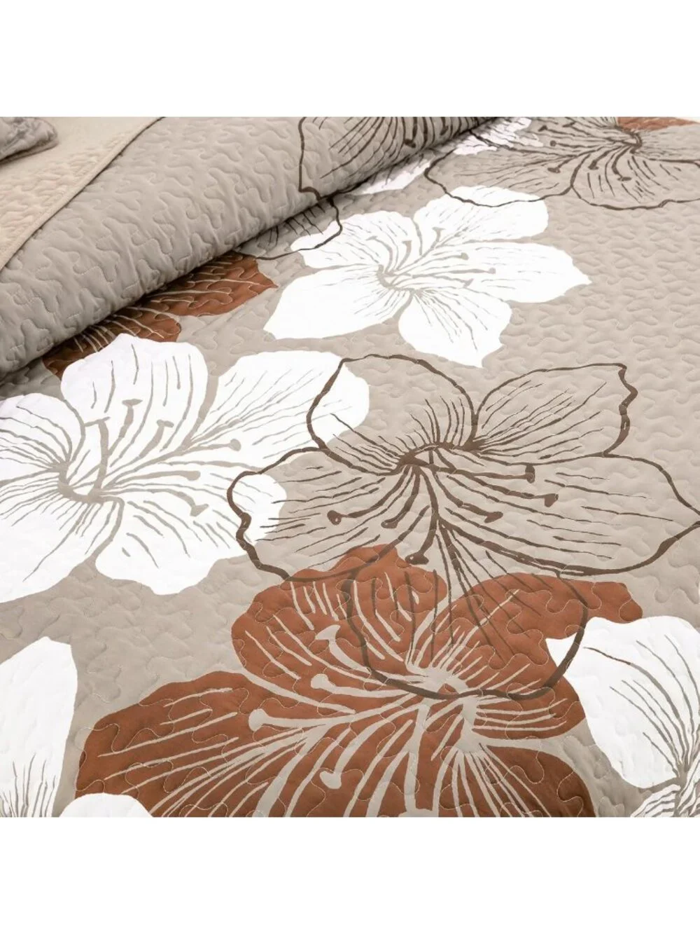 Cozy Taupe Floral King Size Quilt Set - 3 Piece Bedspread Coverlet for Fall